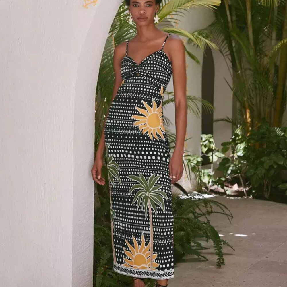 LOFT Beach Palm Linen Cotton Cutout Twist Midi Dress Size 8 NWT $110